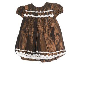 Brown Size 18M Puff Sleeve Baby Dress W/ White Lace Trim & Bow Back Closure